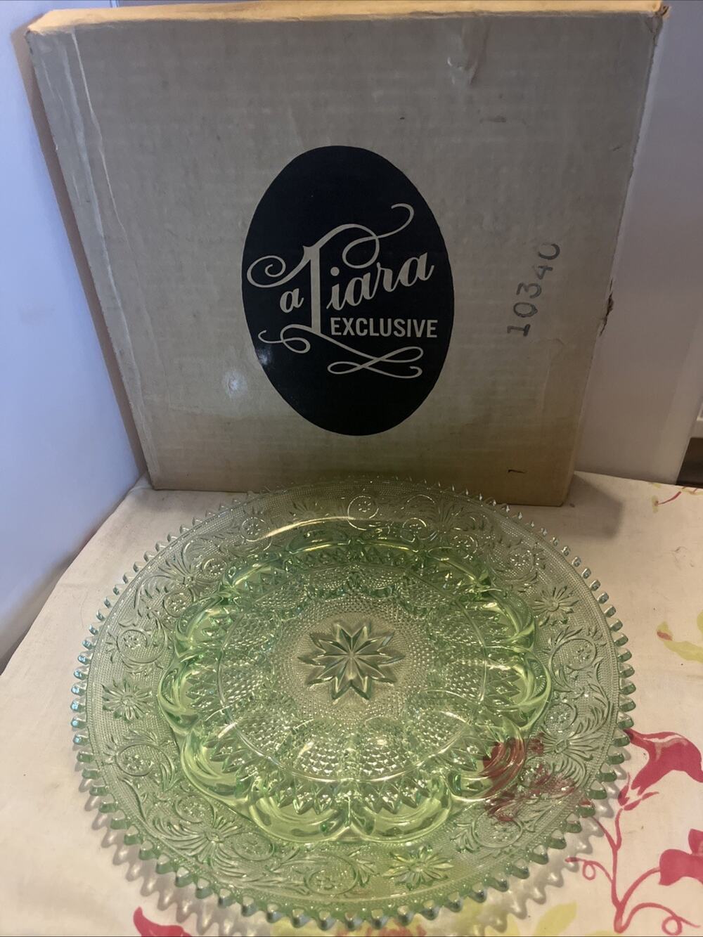 Vtg Indiana Glass Tiara Chantilly Green Sandwich Deviled Egg Plate W Box